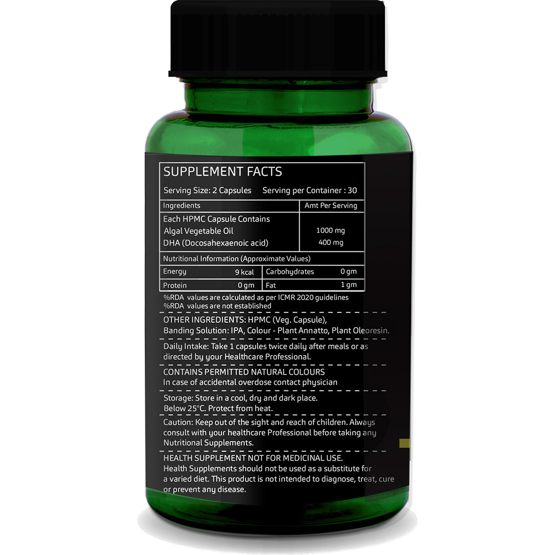Supplement Facts of GreenOpia DHA Omega-3 Algal Oil Capsules – Nutritional Information and Dosage per Serving