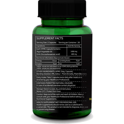 Supplement Facts of GreenOpia DHA Omega-3 Algal Oil Capsules – Nutritional Information and Dosage per Serving