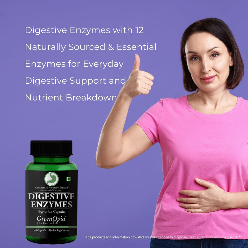 GreenOpia Digestive Enzymes supplement bottle with 13 plant-based digestive enzymes