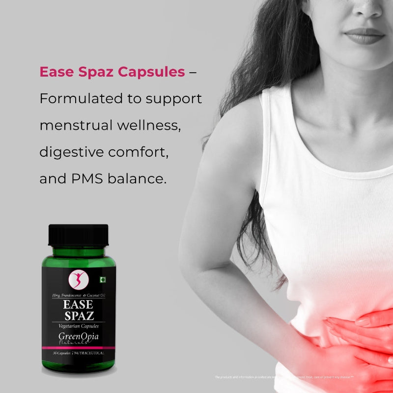 GreenOpia Ease Spaz natural menstrual support capsules with Hing and Frankincense