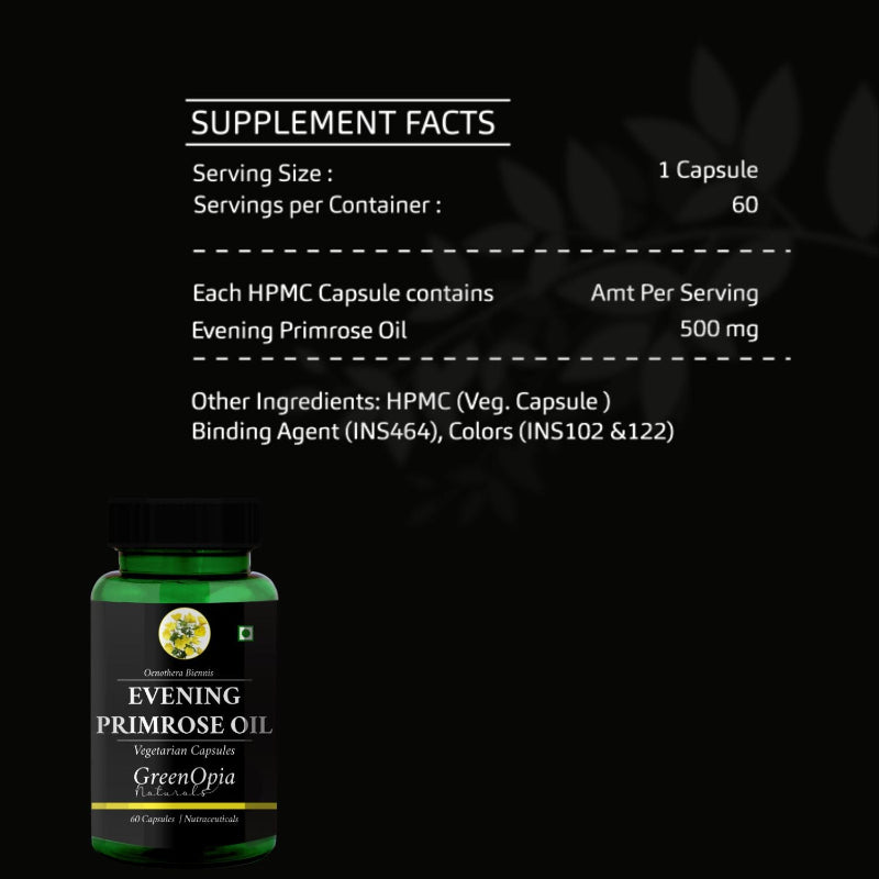 Evening primrose oil supplement facts showing GLA content, serving size, and vegetarian capsule ingredients