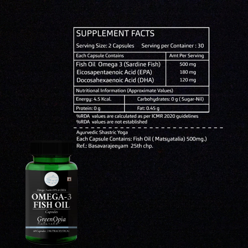 Omega-3 fish oil liquid filled capsules from GreenOpia in open bottle