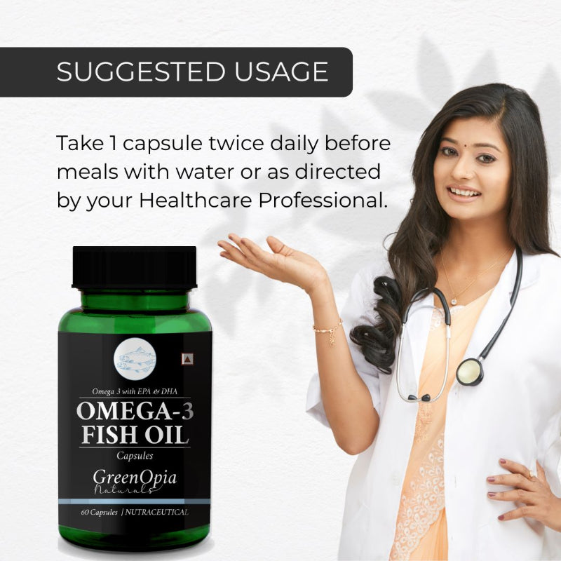 GreenOpia Omega-3 Fish Oil bottle held in hand for size reference