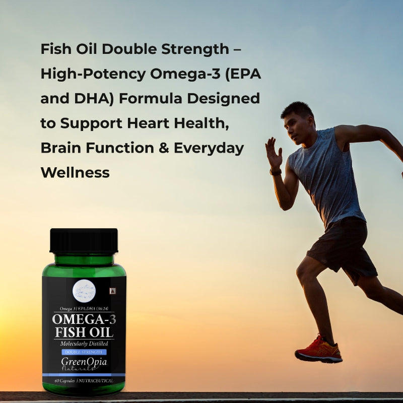 Front label of GreenOpia Double Strength Fish Oil Omega-3 supplement showing 60 liquid-filled capsules