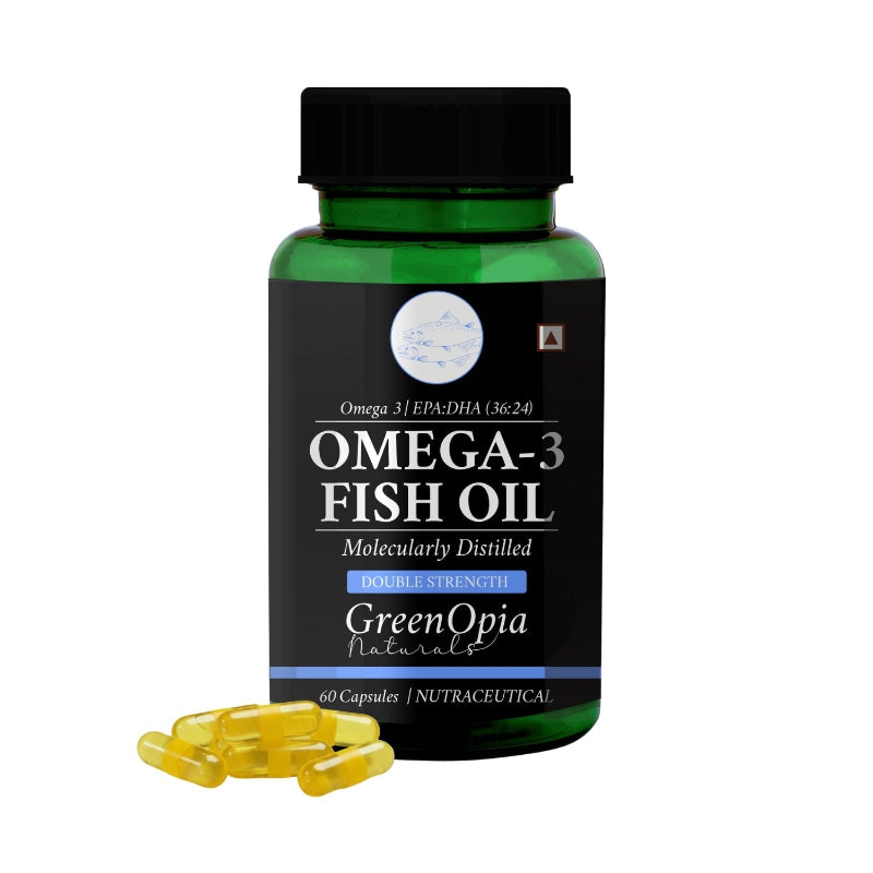 GreenOpia Double Strength Fish Oil Omega-3 Capsules, 60 liquid-filled capsules, 1000mg EPA and DHA supplement bottle