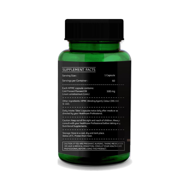 GreenOpia Flaxseed Oil 60 Veg Capsules packaging and supplement bottle