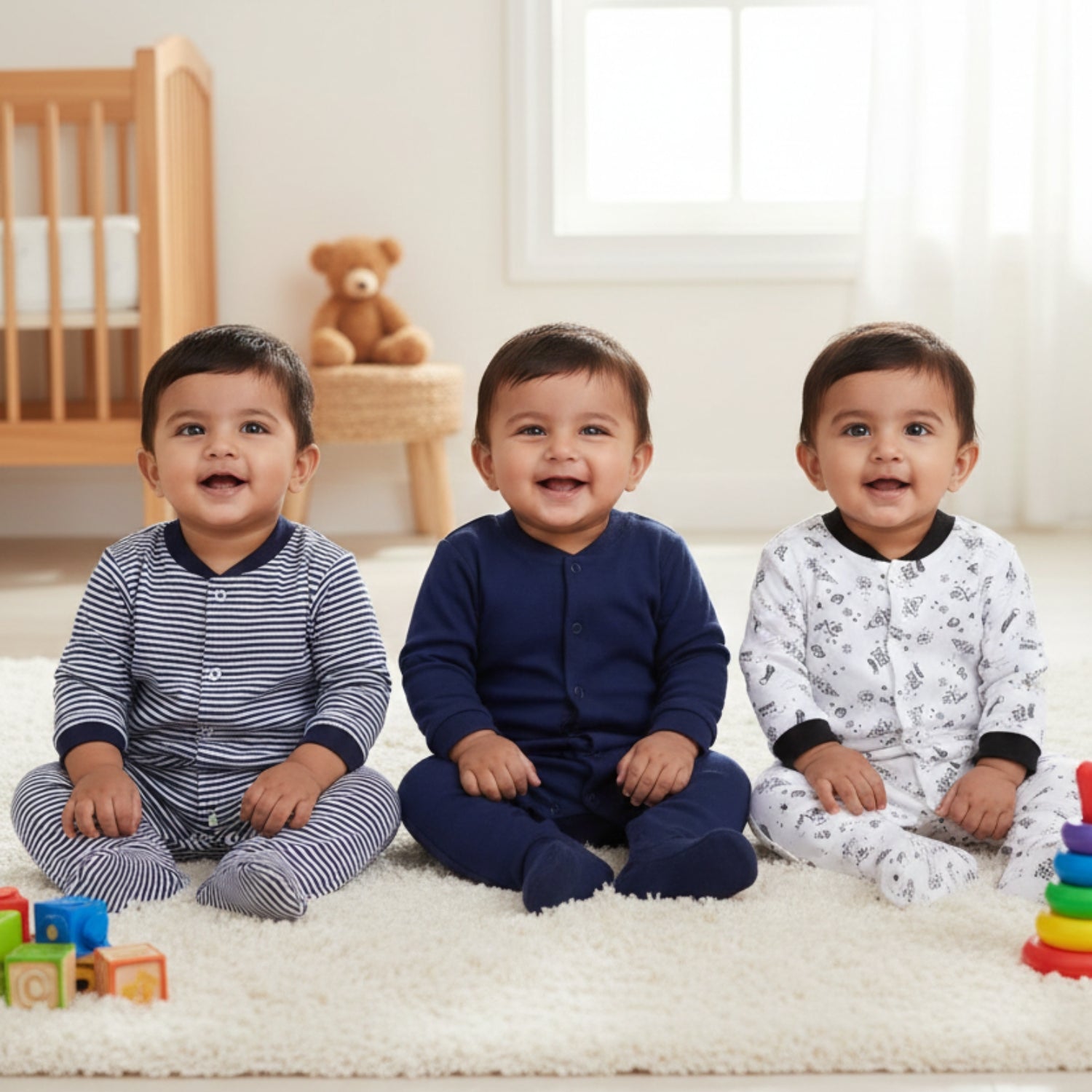 Newborn Baby Full Sleeves Rompers – Unisex Bodysuits/Jumpsuits (Set of 3)