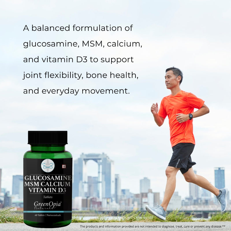 Front view of GreenOpia Glucosamine MSM Calcium Vitamin D3 supplement bottle