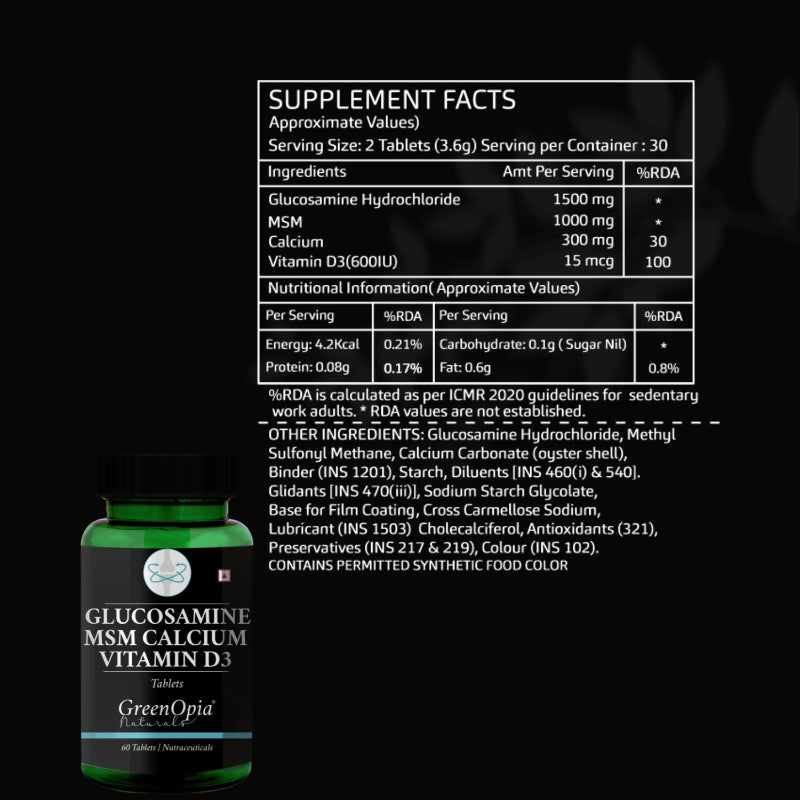 Supplement facts and nutritional information for GreenOpia Glucosamine MSM Calcium Vitamin D3