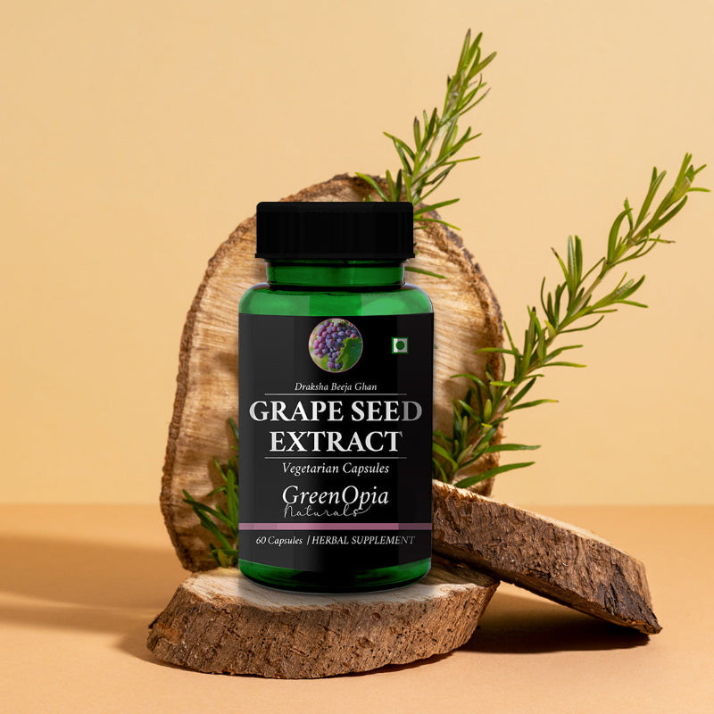 GreenOpia Grape Seed Extract capsules and supplement bottle on white background