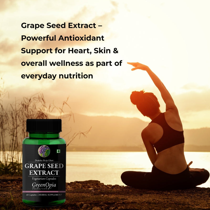 Front label of GreenOpia Grape Seed Extract Capsules showing 400mg standardized grape seed extract and 60 vegetarian capsules