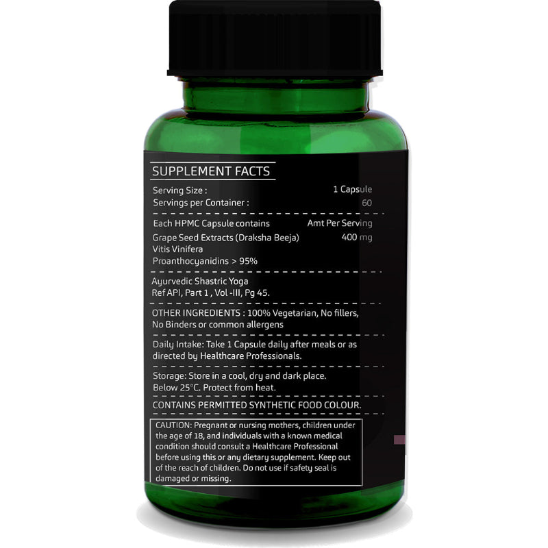 Supplement facts and ingredients label of GreenOpia Grape Seed Extract Capsules