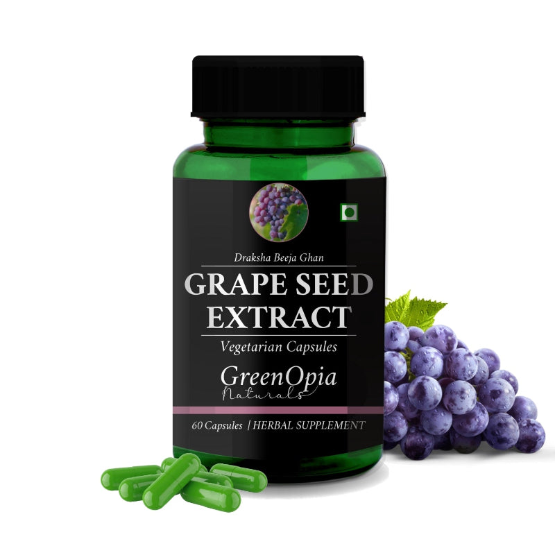 Bottle of GreenOpia Grape Seed Extract Capsules, 60 vegan capsules, antioxidant supplement made from standardized grape seed extract