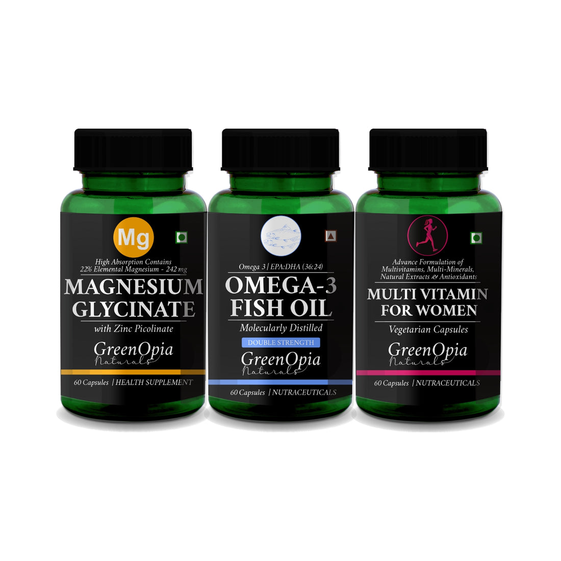 GreenOpia Daily Wellness Combo for Women – Omega-3, Magnesium + Zinc &amp; Multivitamins