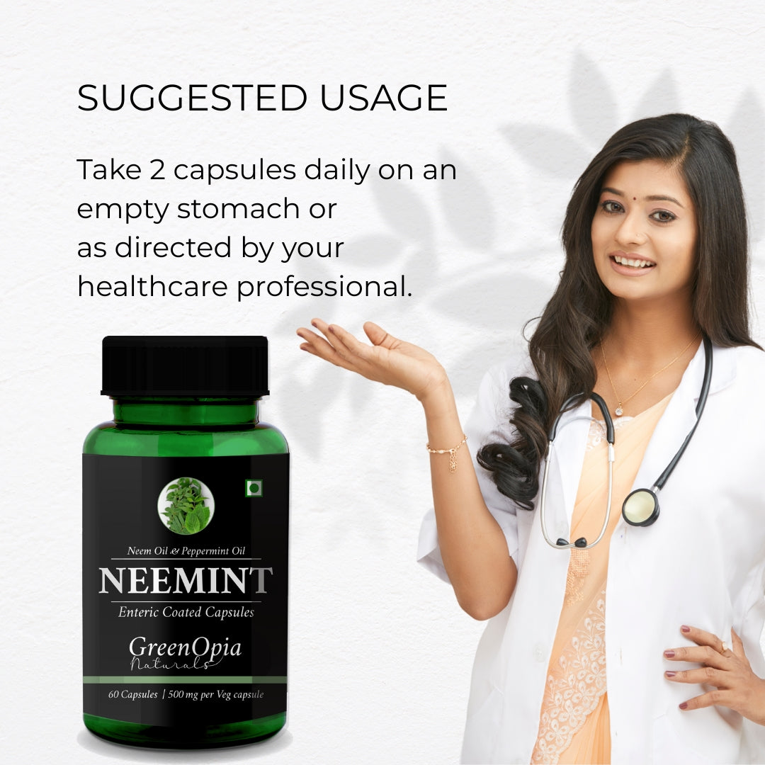 Suggested usage for Neem and Peppermint Oil Capsules – Enteric-Coated Formula for Digestive Comfort