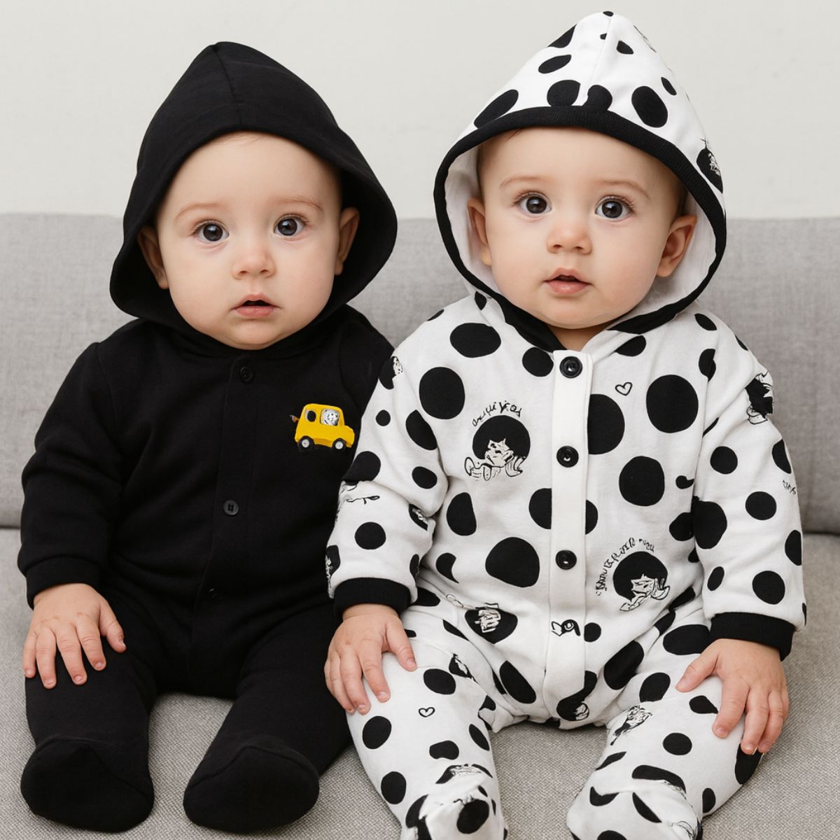 Newborn Baby Full Sleeves 100% Cotton Hooded Rompers – Unisex (Pack of 2)