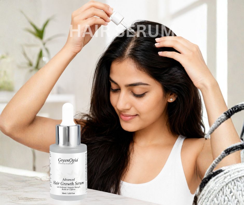 Woman applying hair serum to her hair with a dropper, next to a bottle of GreenOpia hair serum.