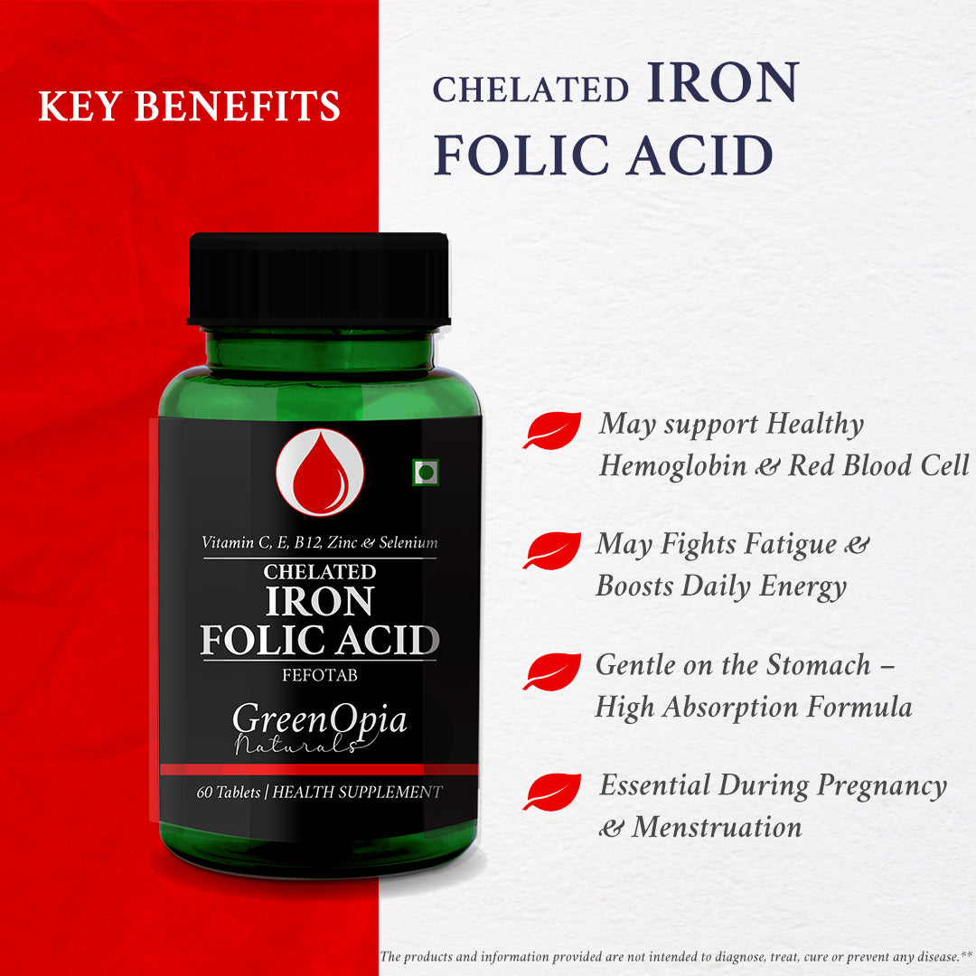 Chelated Iron + Folic Acid with Vitamin C, B12, Zinc &amp; Selenium – 60 Veg Tablets | Gentle Hematinic Support for Energy &amp; Immunity