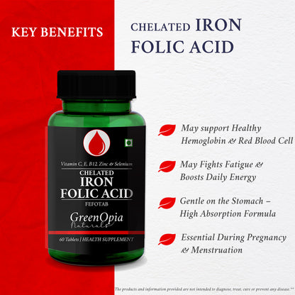 Chelated Iron + Folic Acid with Vitamin C, B12, Zinc &amp; Selenium – 60 Veg Tablets | Gentle Hematinic Support for Energy &amp; Immunity