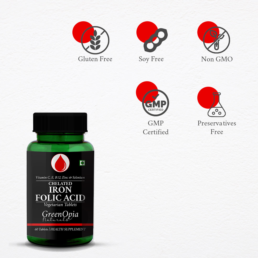 GreenOpia Chelated Iron + Folic Acid with Vitamin C, B12, Zinc & Selenium 60 Vegetarian Tablets