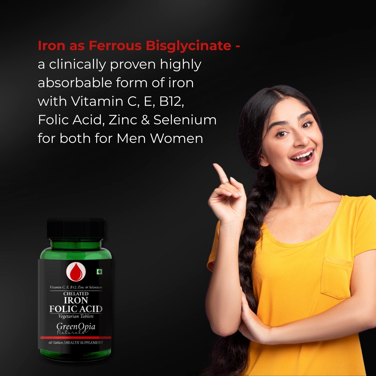 GreenOpia Chelated Iron + Folic Acid with Vitamin C, B12, Zinc & Selenium 60 Vegetarian Tablets