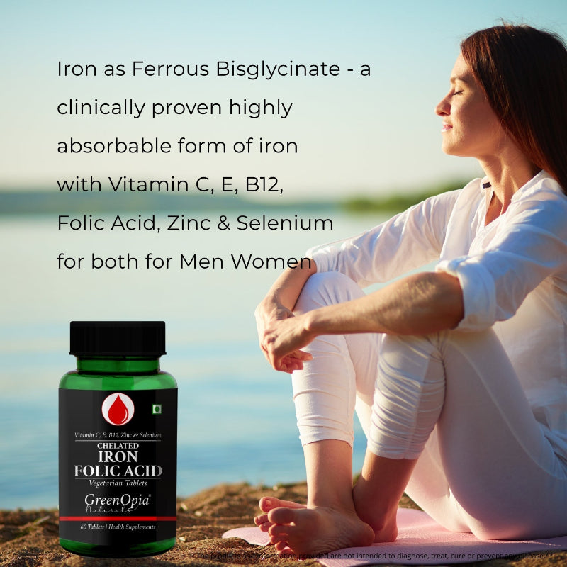 Bottle of GreenOpia Chelated Iron and Folic Acid supplement with 60 vegetarian tablets