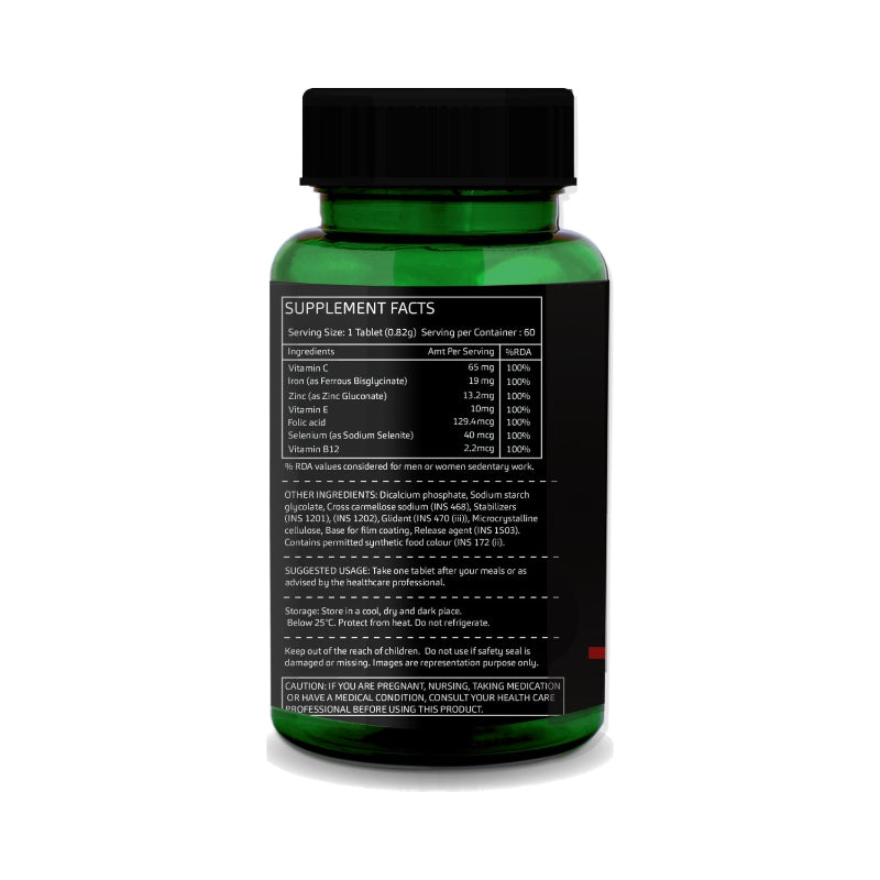 Bottle of GreenOpia Chelated Iron and Folic Acid supplement with 60 vegetarian tablets