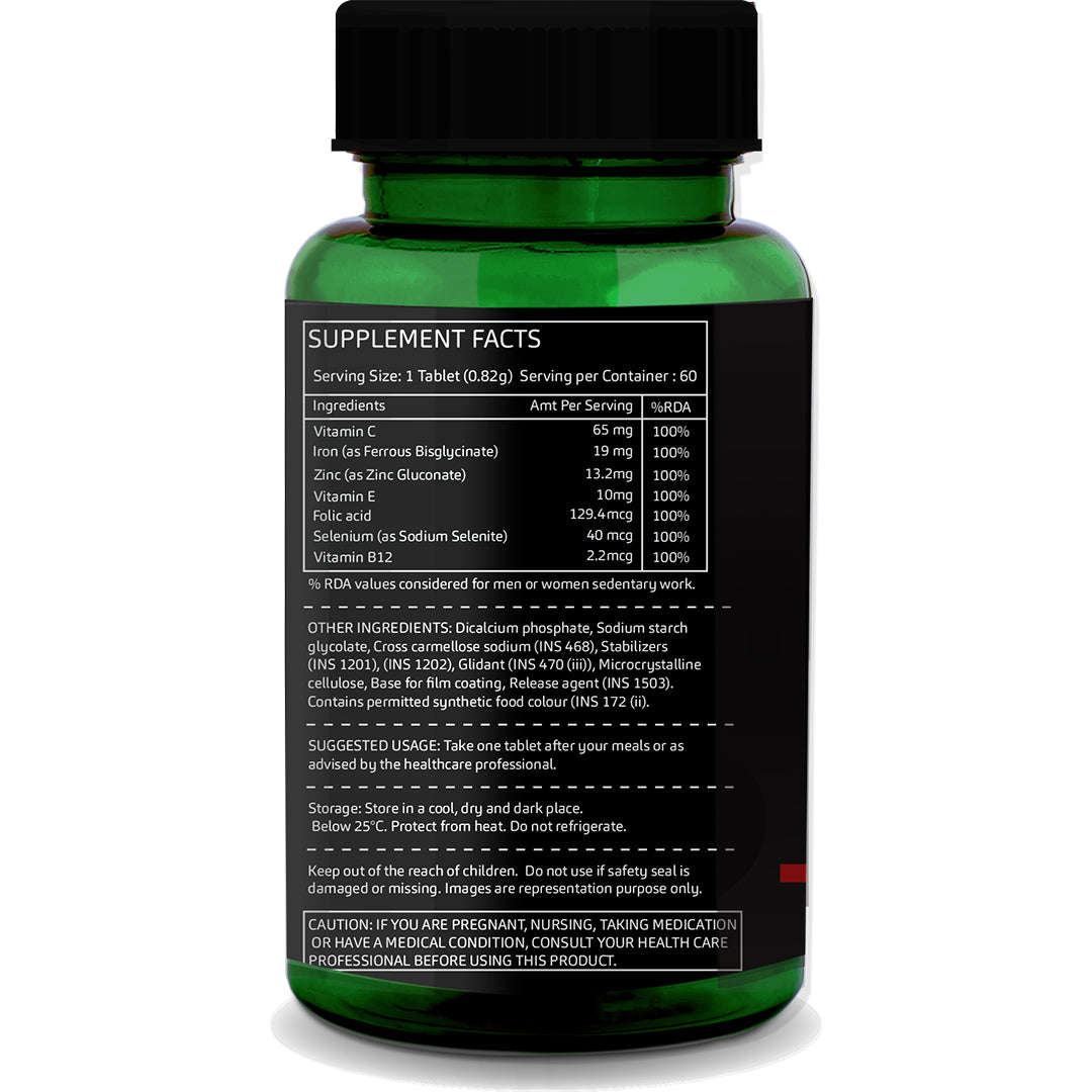 Chelated Iron + Folic Acid with Vitamin C, B12, Zinc &amp; Selenium – 60 Veg Tablets | Gentle Hematinic Support for Energy &amp; Immunity