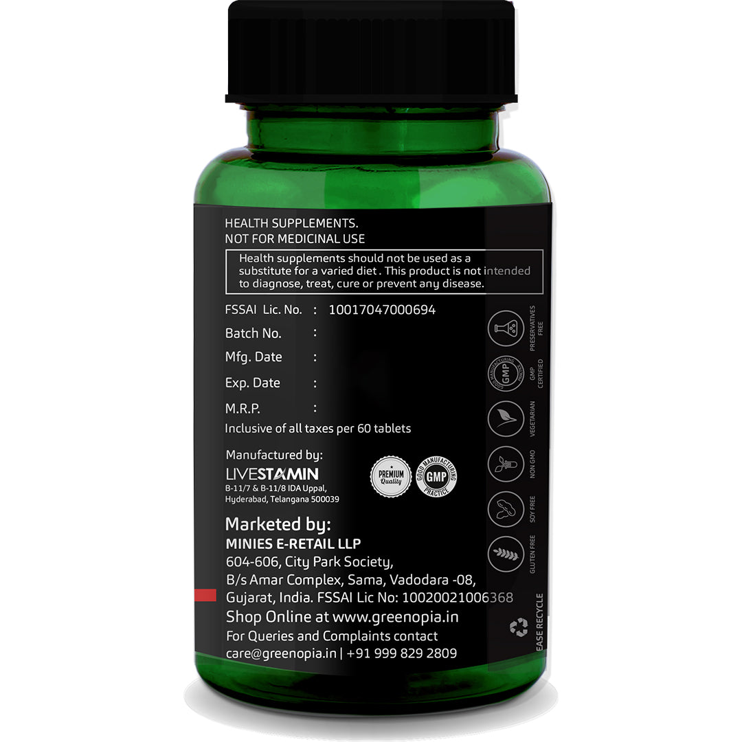 GreenOpia Chelated Iron + Folic Acid with Vitamin C, B12, Zinc & Selenium 60 Vegetarian Tablets