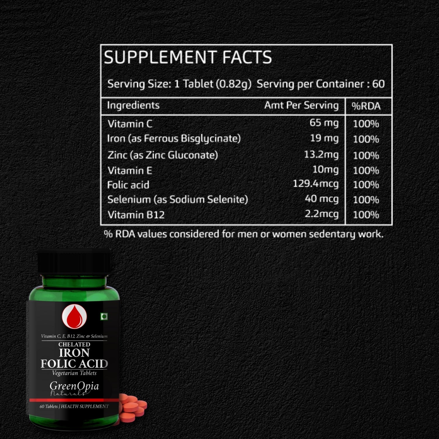 GreenOpia Chelated Iron + Folic Acid with Vitamin C, B12, Zinc & Selenium 60 Vegetarian Tablets