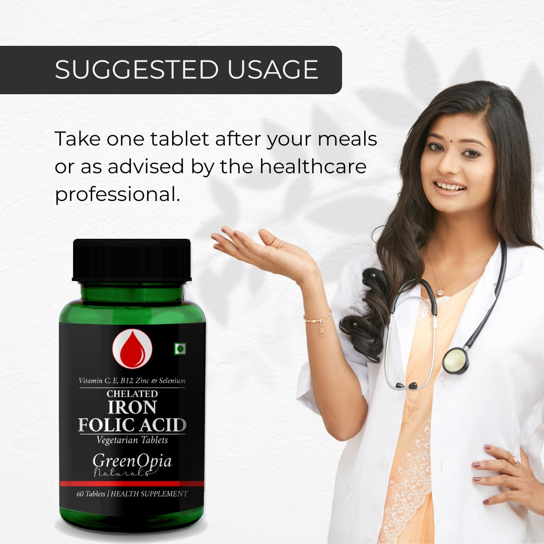 GreenOpia Chelated Iron + Folic Acid with Vitamin C, B12, Zinc & Selenium 60 Vegetarian Tablets