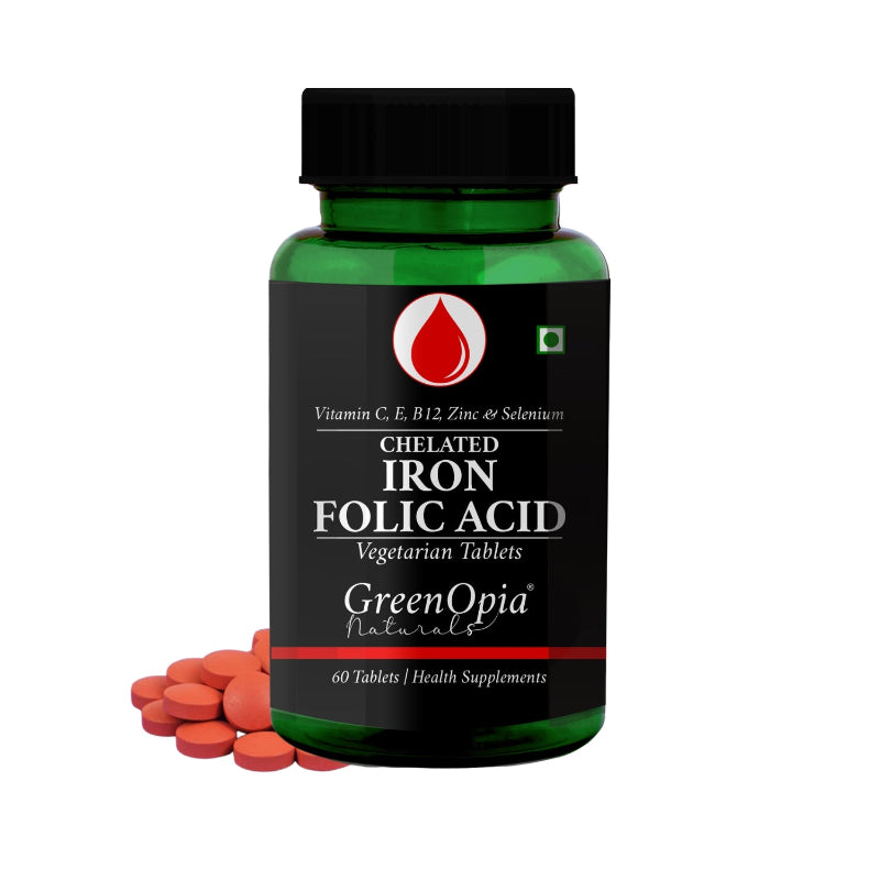 GreenOpia Chelated Iron and Folic Acid Tablets with Vitamin C, B12, Zinc and Selenium – 60 Vegetarian Tablets