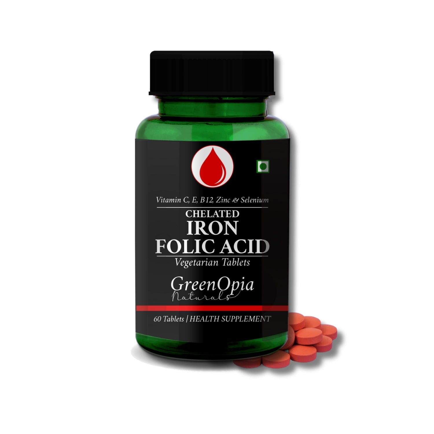 GreenOpia Chelated Iron + Folic Acid with Vitamin C, B12, Zinc & Selenium 60 Vegetarian Tablets