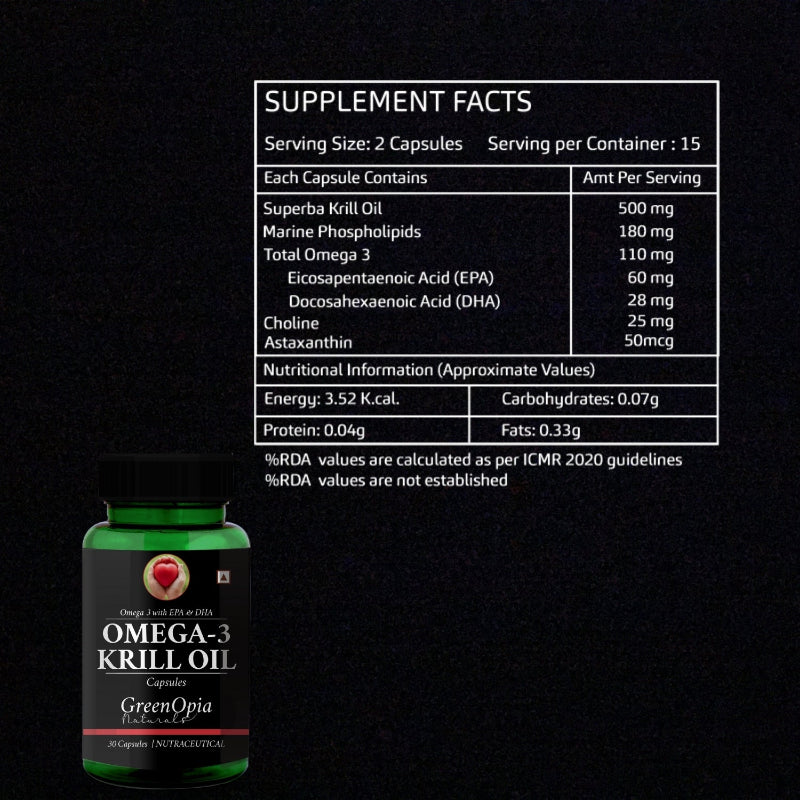 Krill Oil supplement facts showing EPA DHA phospholipids and Astaxanthin content