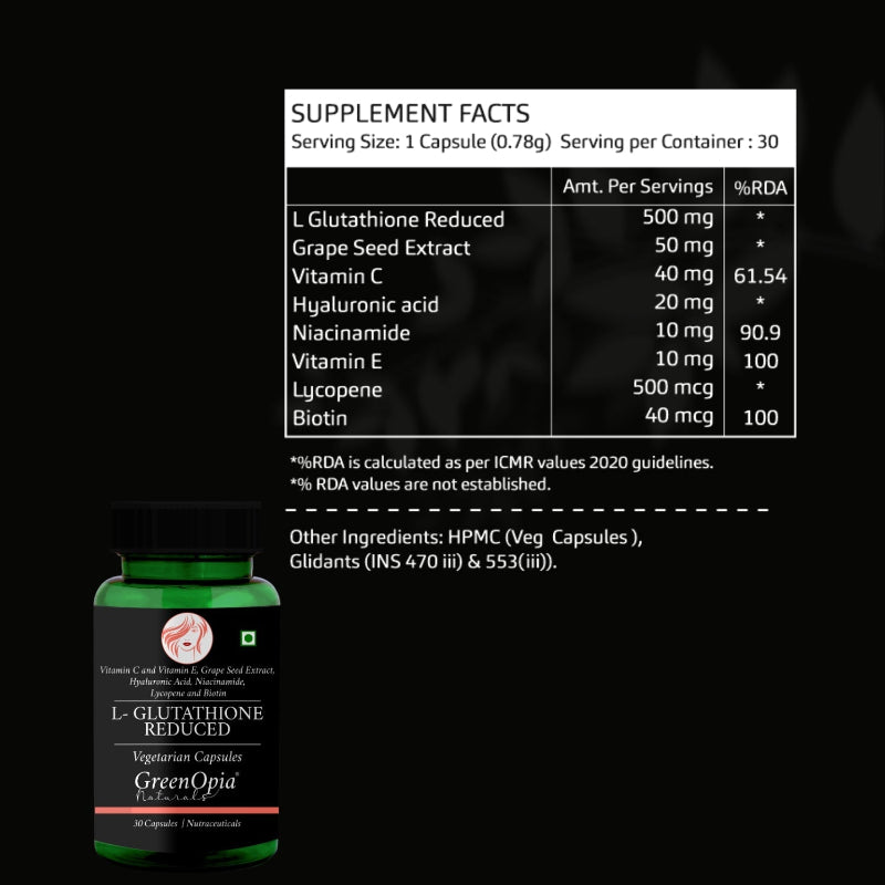 Supplement facts and nutrition information for GreenOpia L-Glutathione capsules
