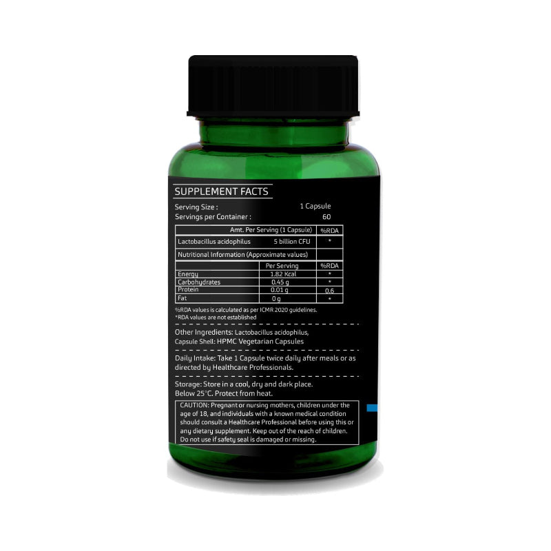 Back label showing usage instructions and product information for GreenOpia probiotic capsules