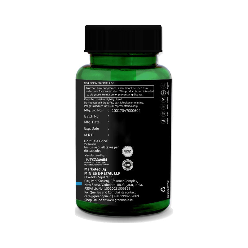 Back label showing usage instructions and product information for GreenOpia probiotic capsules