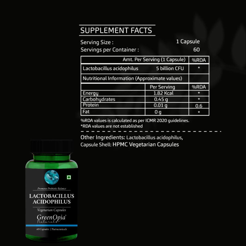 Supplement facts and ingredients panel of GreenOpia Lactobacillus Acidophilus capsules
