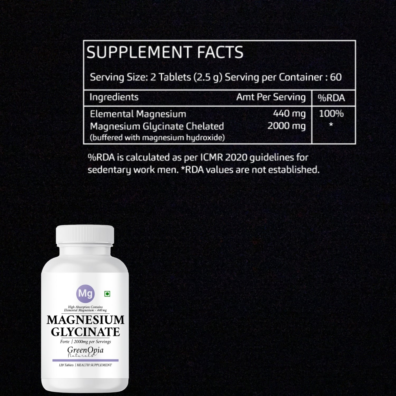 GreenOpia Chelated Magnesium Glycinate 120 Vegetarian Tablets