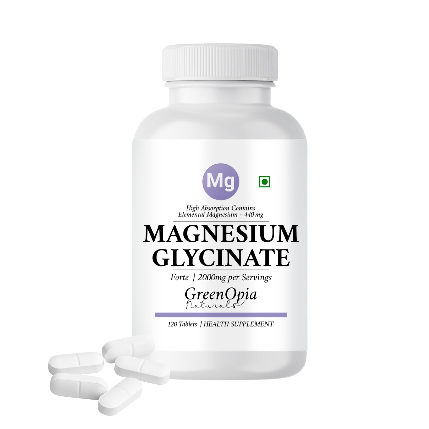 GreenOpia Chelated Magnesium Glycinate 120 Vegetarian Tablets