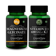 GreenOpia Magnesium Glycinate with Zinc and plant-based Vitamin D3 600 IU with K2 capsule combo, 60 capsules each