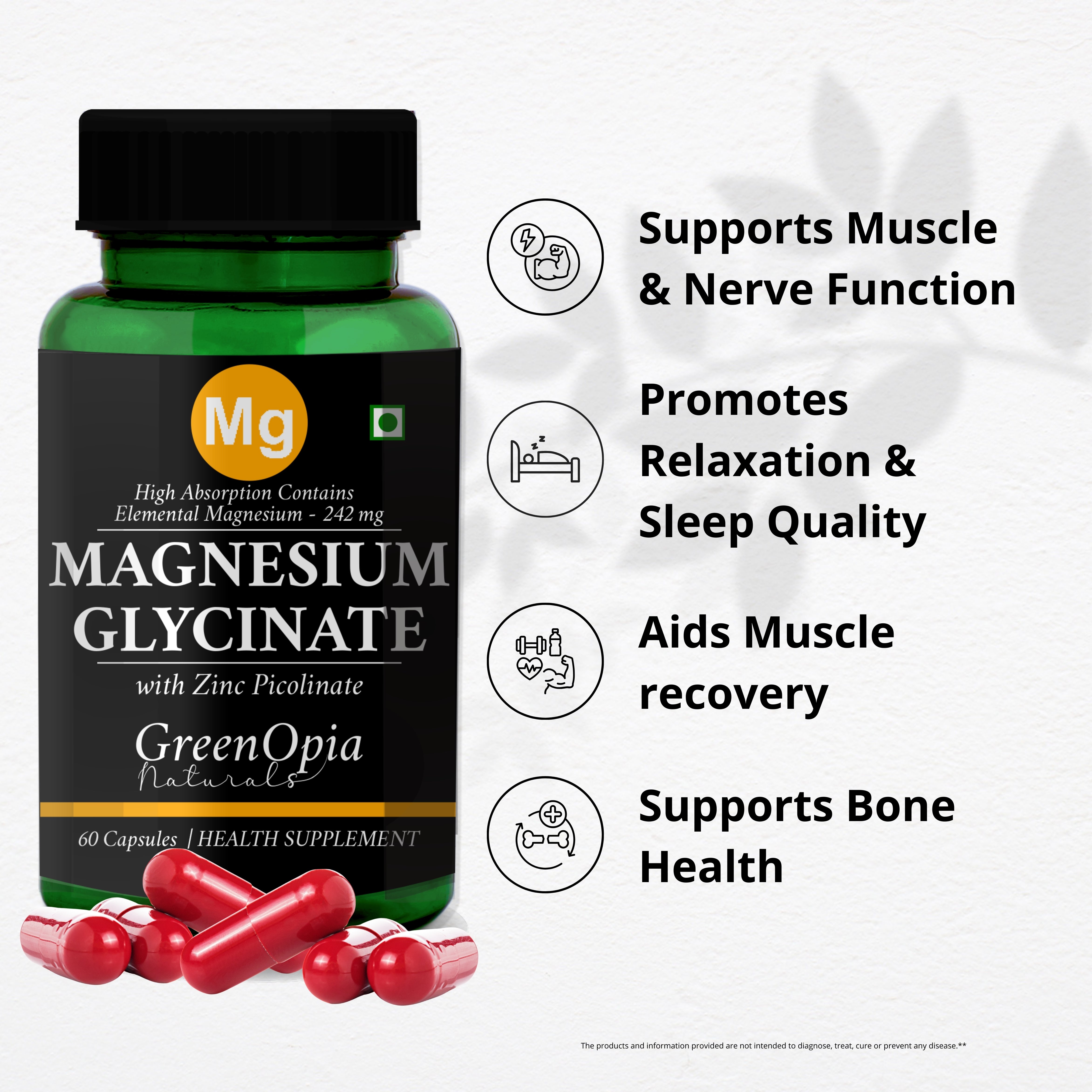 GreenOpia Magnesium Glycinate & Zinc 60 Vegetarian Capsules