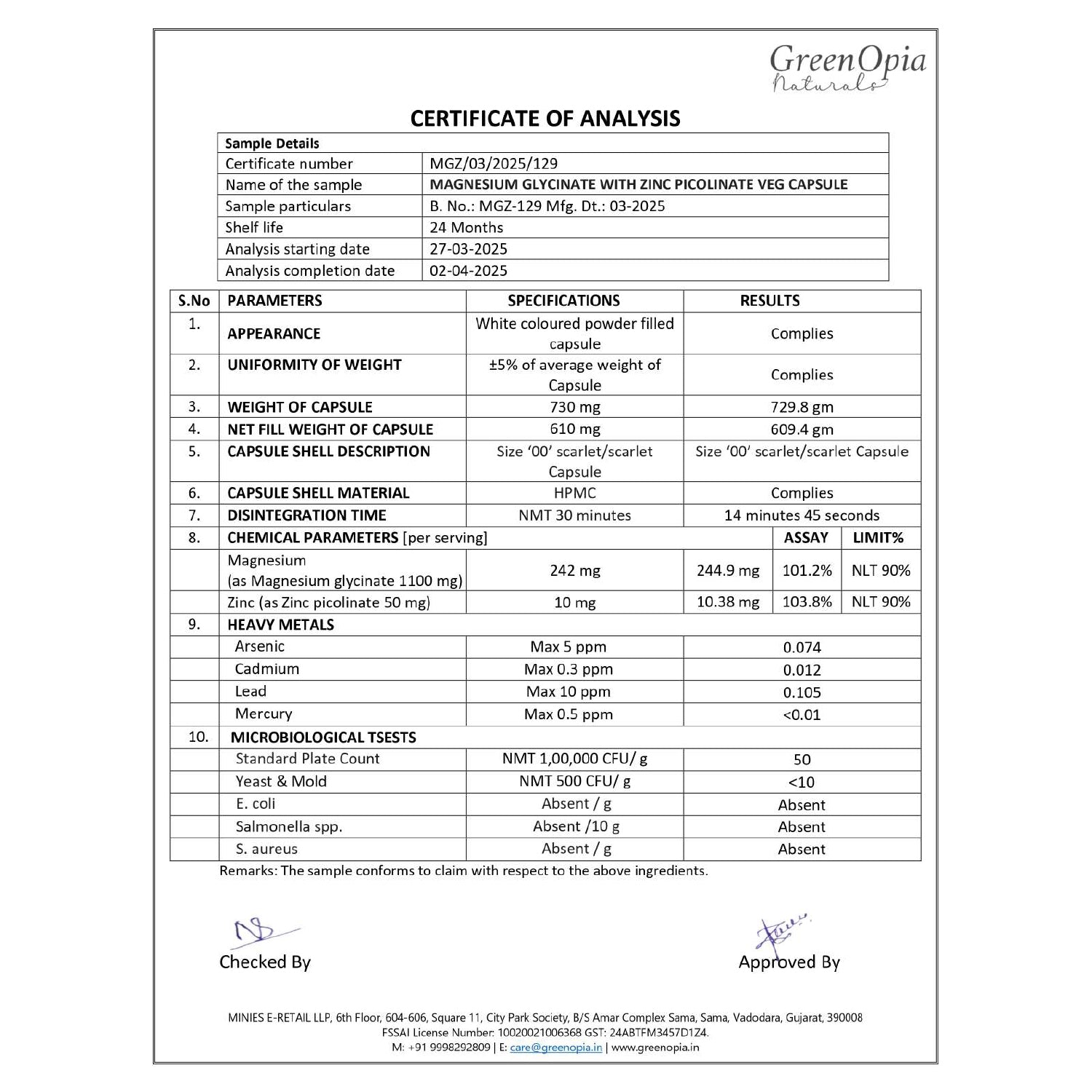 GreenOpia Magnesium Glycinate & Zinc 60 Vegetarian Capsules