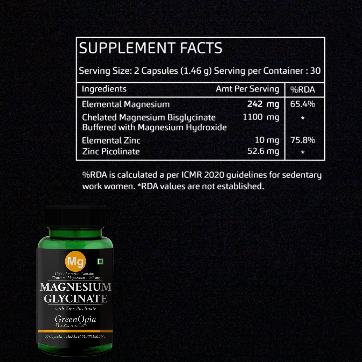 GreenOpia Magnesium Glycinate & Zinc 60 Vegetarian Capsules