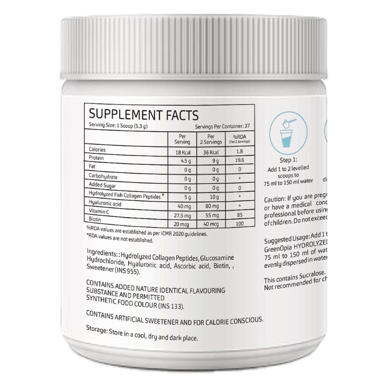 GreenOpia Marine Collagen Supplement packaging showing ingredients and directions