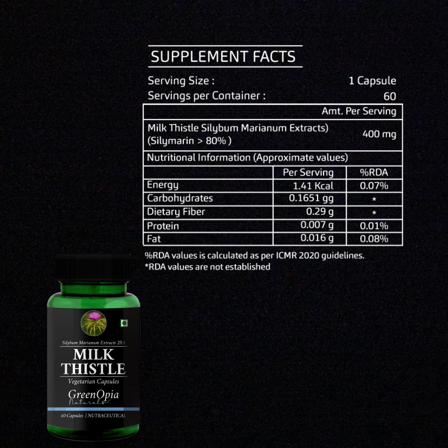 GreenOpia Milk Thistle Extratcs 60 Vegetarian Capsules