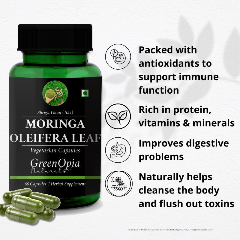 Moringa leaf capsules with key benefits including energy support, immune health and antioxidant protection