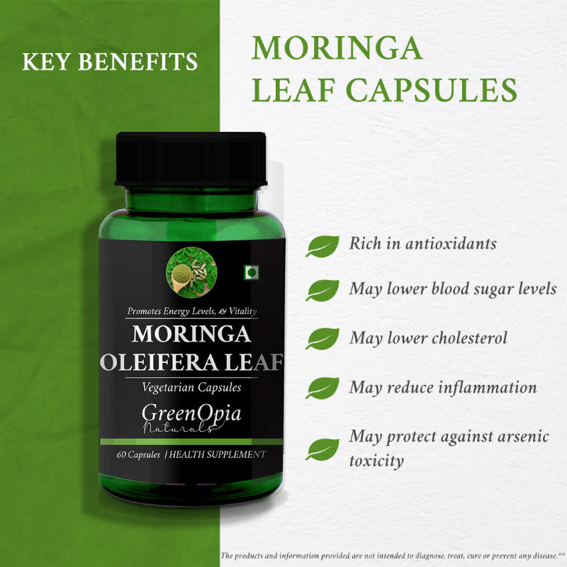 Vegetarian moringa leaf capsules for natural energy, immunity and overall wellness support