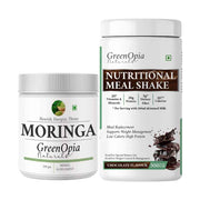 GreenOpia Moringa herbal supplement powder and chocolate nutritional meal shake combo pack