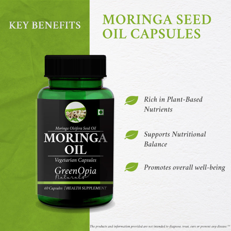 Moringa seed oil capsule benefits including skin hydration, hair strength and hormonal balance support